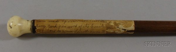 Ivory-topped Wooden Walking Stick, Charlestown, Ma: Ivory-topped Wooden Walking Stick, Charlestown, Massachusetts, 19th century, carved ivory knop, the shaft with affixed note bearing the inscription: "Cane made by Harrison Leavey at Charlestown Navy Y