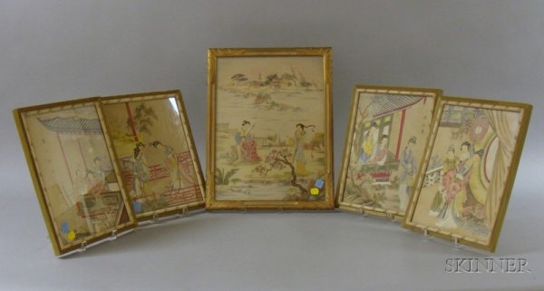 Five Framed Japanese Prints, one signed "Emila Low: Five Framed Japanese Prints, one signed "Emila Lowe" l.l., four framed as a set of domestic and family scenes, and a scene with two women playing instruments by a stream.