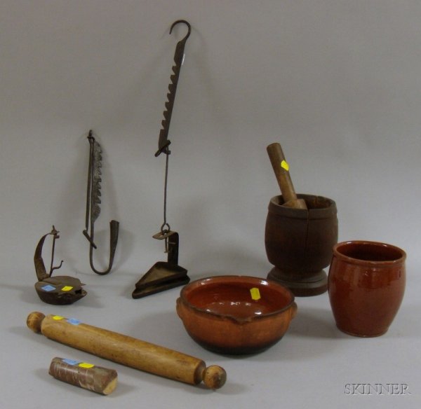 Group of Nine Country and Decorative Items, a redw: Group of Nine Country and Decorative Items, a redware bowl, jar, a wooden rolling pin, mortar and pestle, a marble specimen, wrought betty lamp, ratchet betty lamp, and ratchet candleholder.
