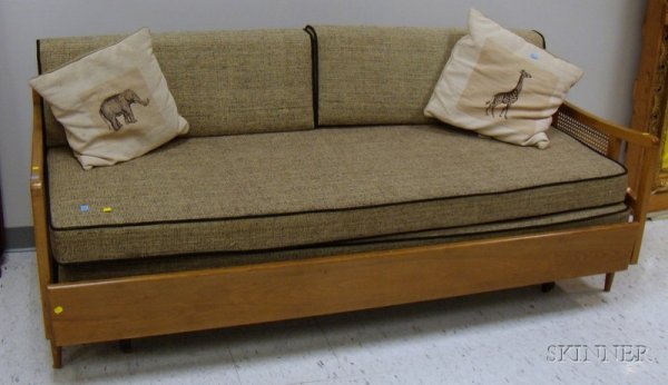 770: Mid-century Modern Caned Wood Trundle Sofa/Bed wit