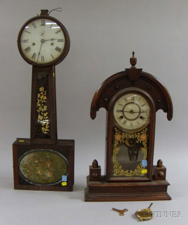 Two Mahogany Clocks, including a shelf clock, "tea: Two Mahogany Clocks, including a shelf clock, "teardrop" form with Roman numeral painted zinc dial, transfer and paint decorated tablet and eight-day time and strike movement, ht. 23 1/2 in.; together
