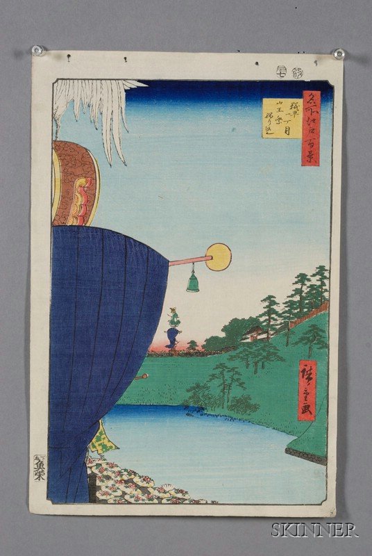 Hiroshige: Sanno-Festival Procession at First Street: Hiroshige: Sanno-Festival Procession at First Street, Koji-machi, from One Hundred Famous Views of Edo, an impression c. 1870, with fewer color blocks and less tonal gradation than the original, and w