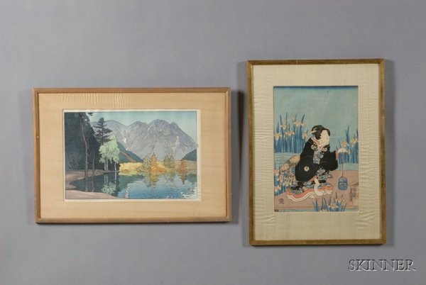 Two Japanese Woodblock Prints, Hodokazuma by Yoshid: Two Japanese Woodblock Prints, Hodokazuma by Yoshida Hiroshi, signed in pencil and with jizuri seal, (very good impression, color, and condition); and Toyokuni III, Woman Kneeling on a Deck by an Iris