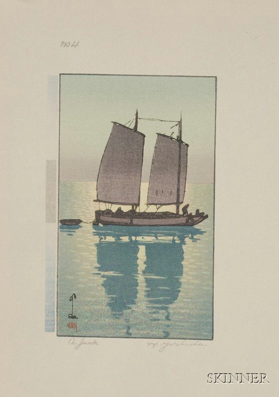 Yoshida Hiroshi: A Junk, a series of five small pri: Yoshida Hiroshi: A Junk, a series of five small prints that demonstrate the stages in the process of printing from woodblocks, (very good impressions, color, and condition), in a white folder.
