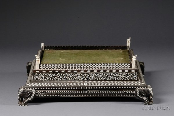Display Stand, Anglo-Indian, 19th century, rectang: Display Stand, Anglo-Indian, 19th century, rectangular form with elephant feet, teak inlaid with ivory, 19 x 16 1/2 x 6 1/2 in.