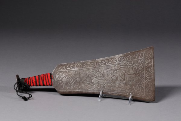 Steel Cleaver, Persia, 19th century, surface engra: Steel Cleaver, Persia, 19th century, surface engraved with a hunt scene, lg. 17 in.