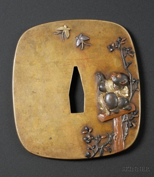 Sword Guard, Japan, 18th century, sentoku tsuba wi: Sword Guard, Japan, 18th century, sentoku tsuba with mixed metal inlay in high relief of a pet monkey watching two butterflies, a crab and wave design on the reverse, lg. 3 in.