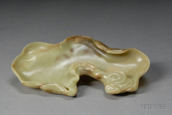 Jade Brush Washer, China 19th century, yellow jade: Jade Brush Washer, China 19th century, yellow jade with brown markings, carved as a piece of burlwood, 8 3/4 x 5 in.