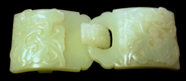 Two-Part Jade Buckle, China, 19th century, dragon : Two-Part Jade Buckle, China, 19th century, dragon finial, surface carved with bats and ling chih, lg. 5 in.