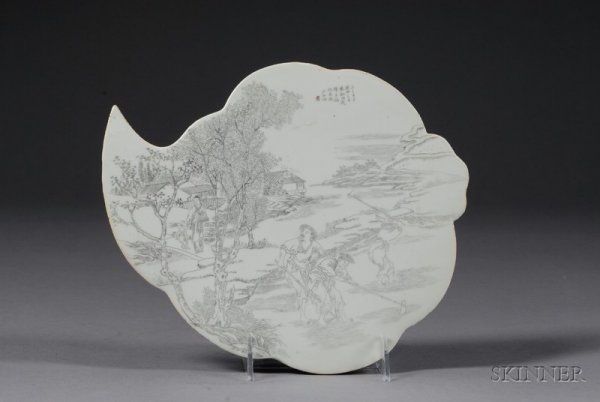 Porcelain Plaque, China, early 20th century, leaf: Porcelain Plaque, China, early 20th century, leaf-shaped, with a sepia-painted decoration of farmers tilling the land, 10 x 8 3/4 in.