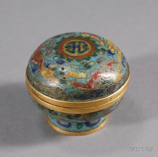 Cloisonne Incense Box, China, 18th century, desig: Cloisonne Incense Box, China, 18th century, design of bats and clouds with a shou character surrounded by ju-i, polychrome colors on a turquoise ground, plain areas heavily gilded, dia. 2 1/2, ht. 2 i