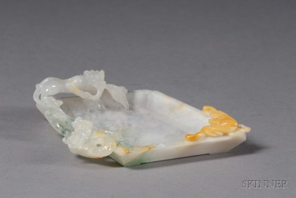 Jade Dish, stone of white with areas of clear cry: Jade Dish, stone of white with areas of clear crystal, green, and tan, quadrangular form with lions, clouds, and bats, lg. 7, wd. 5 in.
