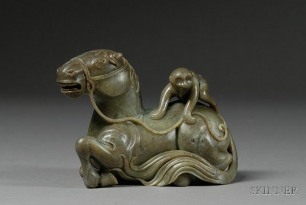 Jade Carving, dark olive green stone, carved in t: Jade Carving, dark olive green stone, carved in the form of a horse and monkey.