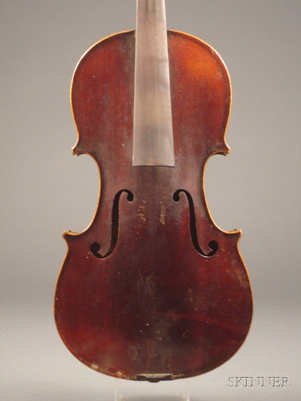 French Violin, Jerome Thibouville-Lamy, Mirecourt,: French Violin, Jerome Thibouville-Lamy, Mirecourt, c. 1900, labeled MEDIO FINO, MADE IN FRANCE JTL, length of one-piece back 14 1/16 in., 358 mm.