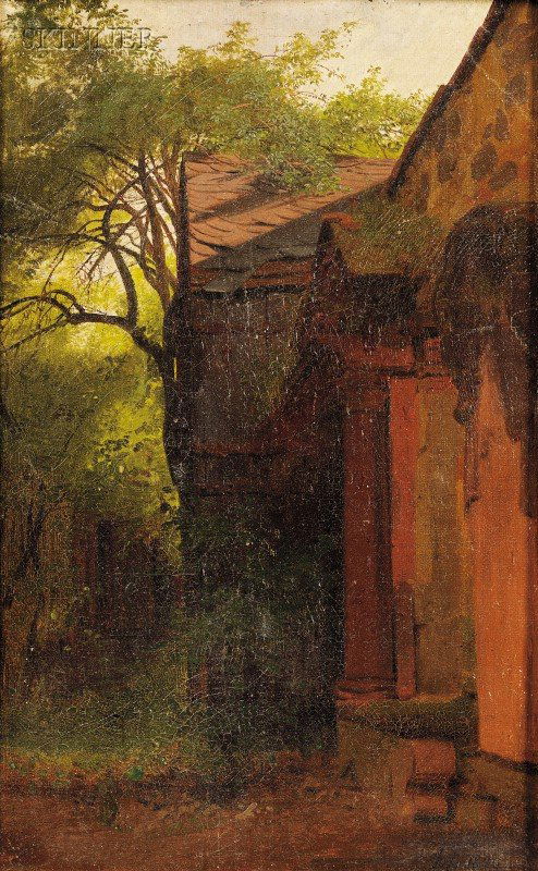 Karl Theodor Reiffenstein (German, 1820-1893) Peter: Karl Theodor Reiffenstein (German, 1820-1893) Peters Hirchhof/A Wooded Landscape View with Shed Initialed and dated "ThR 1840" l.r., inscribed on the reverse Oil on canvas mounted onto board,