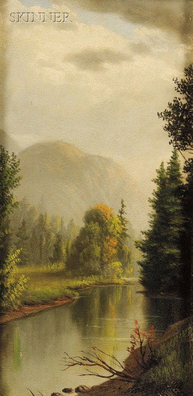 Levi Wells Prentice (American, 1851-1935) River La: Levi Wells Prentice (American, 1851-1935) River Landscape Initialed "LWP" l.r. and signed "L.W. Prentice" on the reverse. Oil on artist board, 9 1/4 x 4 3/4 in. (23.5 x 12.1 cm), framed. Condition: Mi