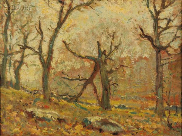 Henry Ward Ranger (American, 1858-1916) Woodland V: Henry Ward Ranger (American, 1858-1916) Woodland View Unsigned, with National Academy of Design estate stamp l.r., inscribed "B438" l.r. Oil on panel, 12 x 16 in. (30.5 x 40.6 cm), framed. Condition: