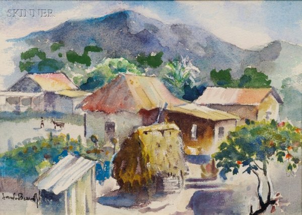 Sandor Bernath (American, 1892-1984) Honduras View: Sandor Bernath (American, 1892-1984) Honduras View Signed "Sandor Bernath" l.l. Watercolor with whiting on paper/board, 9 3/4 x 14 in. (24.8 x 35.6 cm), framed. Condition: Not examined out of frame.