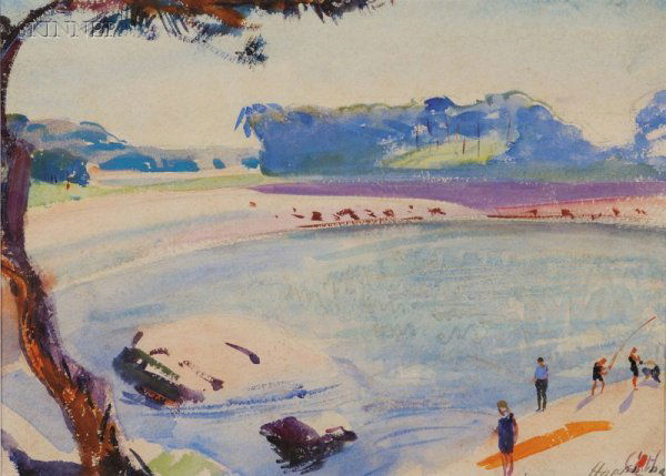 Charles Sydney Hopkinson (American, 1869-1962) Sum: Charles Sydney Hopkinson (American, 1869-1962) Summer Lake Signed "Hopkinson" l.r., abstract watercolor sketch on the reverse. Watercolor with graphite, gouache, and tooling on paper, sight size 10 1/