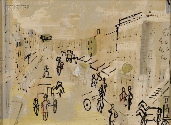 Charles Cobelle (Franco/American, 1902-1994) Bustl: Charles Cobelle (Franco/American, 1902-1994) Bustling Street Signed "Cobelle" l.r. Oil and ink on canvas mounted onto Masonite, 9 x 12 in. (22.9 x 30.5 cm), framed. Condition: Mild scattered craquelur