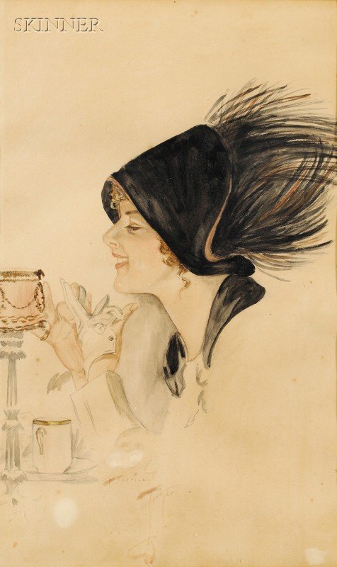 Harrison Fisher (American, 1877-1934) A Cup of Tea: Harrison Fisher (American, 1877-1934) A Cup of Tea Signed "Harrison Fisher" l.c. Watercolor and ink wash with graphite on paper, sight size 13 3/4 x 8 1/4 in. (34.9 x 21.0 cm), framed. Condition: Adhe
