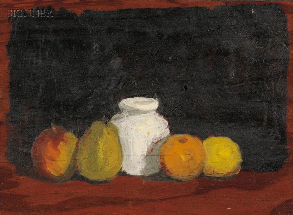 Robert Moore Kulicke (American, 1924-2007) Still: Robert Moore Kulicke (American, 1924-2007) Still Life with Fruit Signed, dated, and inscribed "KULICKE 196...K35...A5" on the reverse. Oil on unprimed board, 6 3/4 x 9 in. (17.2 x 22.9 cm), in a Kulic