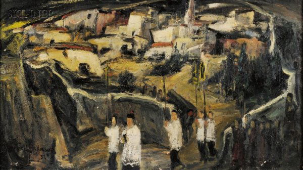 Arnold Hoffmann (American, 1886-1966) Exit/A Spani: Arnold Hoffmann (American, 1886-1966) Exit/A Spanish Landscape Signed and dated "Arnold Hoffmann '57" l.l., identified on a label from The Painters and Sculptors Society of New Jersey, Inc.