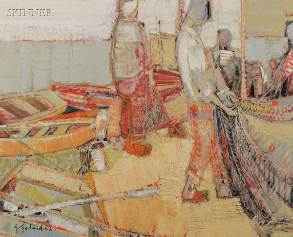 Gabriel Godard (French, b. 1933) Pecheurs a la tri: Gabriel Godard (French, b. 1933) Pecheurs a la trinit? Signed and dated "G. Godard. 63." l.l., identified on a label from David B. Findlay Galleries, New York, on the cardboard backing. Oi