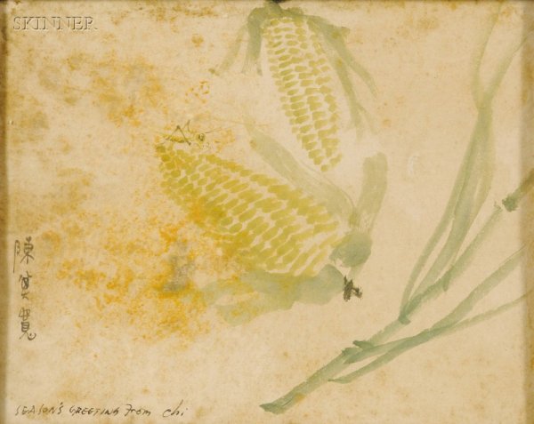 Chen Chi-Kwan (Chinese, 1921-2007) Grasshopper wit: Chen Chi-Kwan (Chinese, 1921-2007) Grasshopper with Corn Signed and inscribed "...Season's Greeting from Chi" in Chinese and English l.l. Ink wash on paper, 9 1/4 x 11 1/2 in. (23.5 x 29.2 cm), framed
