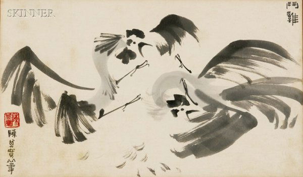 Chen Chi-Kwan (Chinese, 1921-2007) Cockfight Signe: Chen Chi-Kwan (Chinese, 1921-2007) Cockfight Signed and inscribed in Chinese l.l. and u.r. Ink wash on paper, sight size 11 1/2 x 19 1/4 in. (29.2 x 48.9 cm), framed. Condition: Toning, not examined o