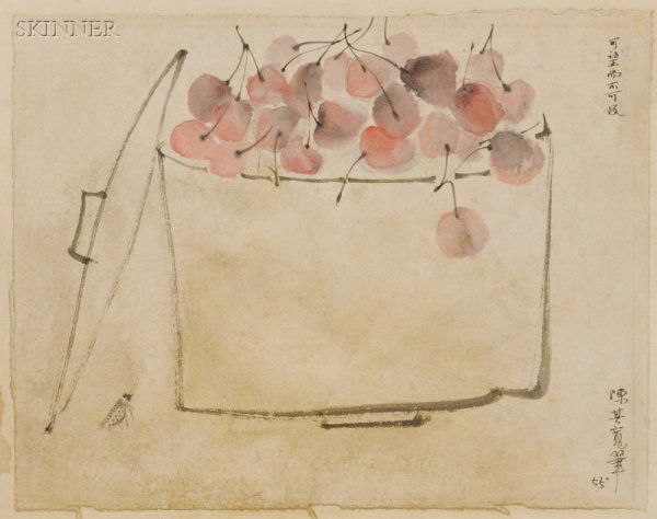 Chen Chi-Kwan (Chinese, 1921-2007) Insect with Bow: Chen Chi-Kwan (Chinese, 1921-2007) Insect with Bowl of Cherries Signed and inscribed "... 55" in Chinese and English u.r. and l.r. Ink wash on paper, sheet size 13 1/4 x 14 3/4 in. (33.7 x 37.5 cm). C