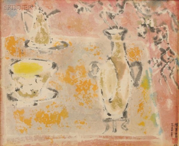 Chen Chi-Kwan (Chinese, 1921-2007) Still Life with: Chen Chi-Kwan (Chinese, 1921-2007) Still Life with Vase Signed and sealed l.r. in Chinese, identified on a label from E. Weyhe Art Books Prints, New York, on the reverse. Watercolor on mulberry paper