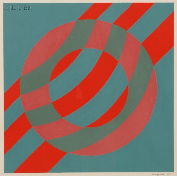 Peter Hedegaard (Danish/British, 1929-2008) Red, G: Peter Hedegaard (Danish/British, 1929-2008) Red, Green, Teal and Magenta Signed and dated "Hedegaard 65" in pencil l.r., inscribed "ELKON..." on a label from Kulicke Frames, Inc., on the backing. Goua