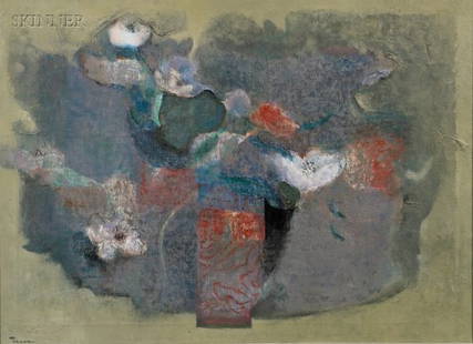 Toshiharu Kitagawa (Japanese, 1942-2003) Melody of: Toshiharu Kitagawa (Japanese, 1942-2003) Melody of Flowers Signed and dated "1963...KITAGAWA" l.l., titled on a label affixed to the reverse. Oil and ink on canvas, 25 x 34 in. (63.5 x 86.4 cm