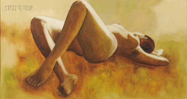 B. Vithal (Indian, 1935-1992) Reclining Nude Signe: B. Vithal (Indian, 1935-1992) Reclining Nude Signed and dated "B. Vithal. 78" l.l., with a Camel canvas stencil on the reverse. Oil on canvas, 32 x 58 1/2 in. (81.3 x 148.6 cm), framed. Condition: Goo