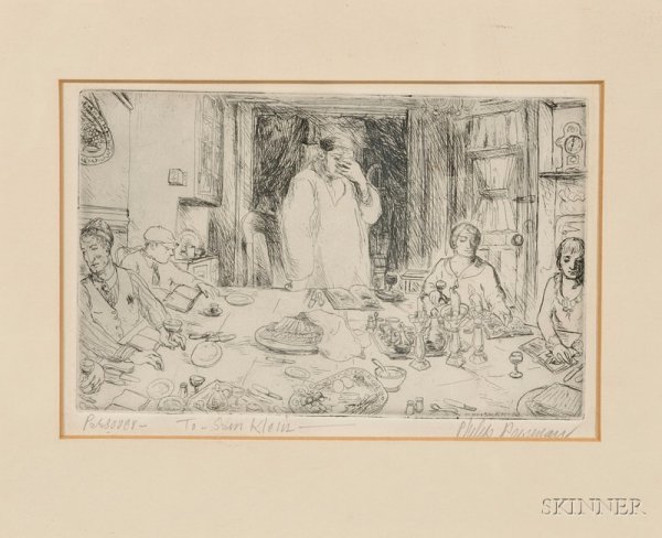 Philip Reisman (American, 1904-1992) Passover. Tit: Philip Reisman (American, 1904-1992) Passover. Titled, dedicated, and signed "...To San Klein- Philip Reisman" in pencil along the lower margin, signed "P REISMAN" in the plate l.r. Etching on pape