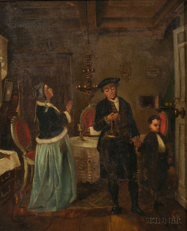 After Moritz Daniel Oppenheim (German, 1800-1882),: After Moritz Daniel Oppenheim (German, 1800-1882) Lot of Two Works: Seder (The Passover Meal) and Ushering in the Sabbath Unsigned. Oil on canvas, 18 x 15 in., framed. Condit