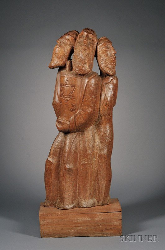 Bernard Simon (American, 1896-1980), Three Figures: Bernard Simon (American, 1896-1980) Three Figures with Torah Incised signature "BERNARD SIMON" on base. Carved wood, approximately 43 1/2 x 16 x 10 in., on a wooden plinth. Condition: Minor surface gr