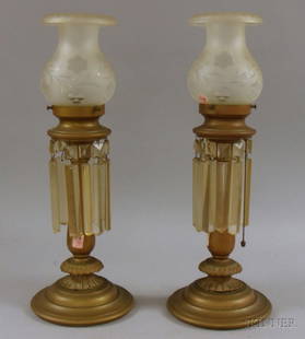 Pair of Brass Table Lamps with Frosted Etched Glass: Pair of Brass Table Lamps with Frosted Etched Glass Shades and Prisms, body ht. 14 1/2 in. Provenance: Estate of Richard Filipowski.