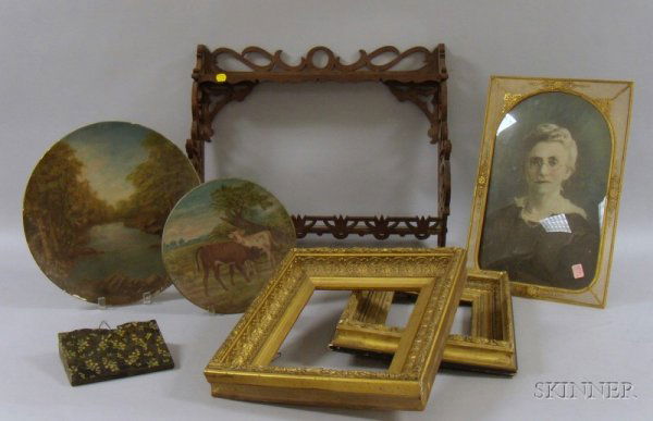 Four Late Victorian Gilt-gesso Frames, a Gilt-metal: Four Late Victorian Gilt-gesso Frames, a Gilt-metal Wire Frame with Convex Glass, Two Painted Landscape Decorated Papier-mache Plaques, a Lacquer Wallpocket, and a Small Walnut Fretwork Wall Shelf.