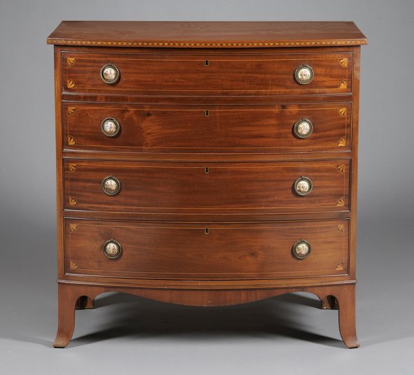 Federal-style Inlaid Mahogany Bowfront Four-Drawer: Federal-style Inlaid Mahogany Bowfront Four-Drawer Bureau, possibly Beacon Hill or Charak, ht. 37 1/2, wd. 37 in.