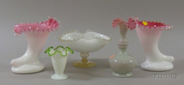 Five Victorian and Victorian-style Ruffled Art Gla: Five Victorian and Victorian-style Ruffled Art Glass Table Items, a pair of cased garnitures, a bottle-form vase, compote, and a small footed vase.