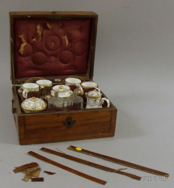 German/Austrian Marquetry Decorated and Veneered C: German/Austrian Marquetry Decorated and Veneered Cased Eleven-piece Gilt and Grisaille Decorated Porcelain Tea Set, the case with fitted interior, a pair of silver lidded colorless cut blown glass bot