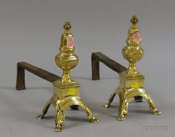 Pair of Small Brass Urn Finial Andirons, ht. 10 1/: Pair of Small Brass Urn Finial Andirons, ht. 10 1/2 in.