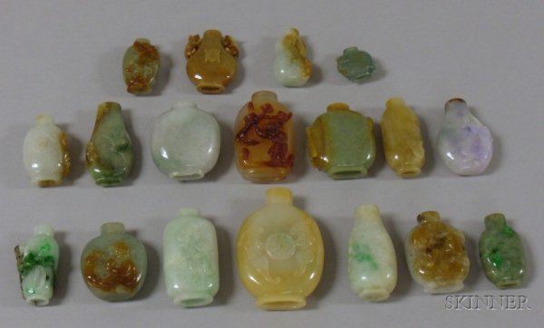 Eighteen Carved Jade Snuff Bottles, with carvings : Eighteen Carved Jade Snuff Bottles, with carvings of mice, insects, bats, mythical beasts, etc.