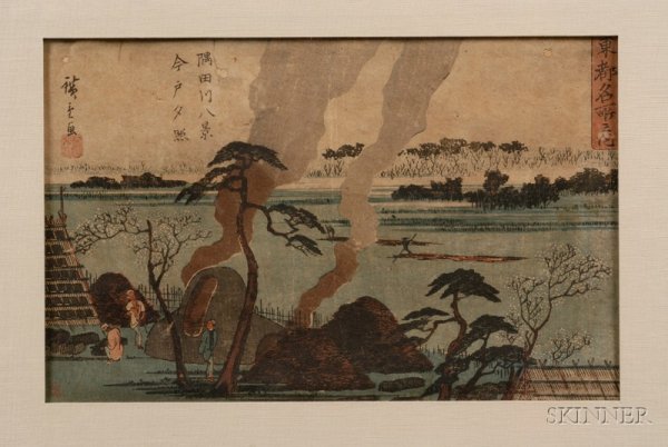Hiroshige: Evening Glow at Imado, from Famous Plac: Hiroshige: Evening Glow at Imado, from Famous Places of Edo: Eight Views of the Sumida River, aiban, c. 1840-42, (fair impression, color, and condition, with extensive toning, stains, creases, and sma