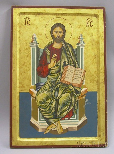 Modern Byzantine-style Painted and Giltwood Icon : Modern Byzantine-style Painted and Giltwood Icon of Christ, ht. 21, wd. 14 1/2 in.