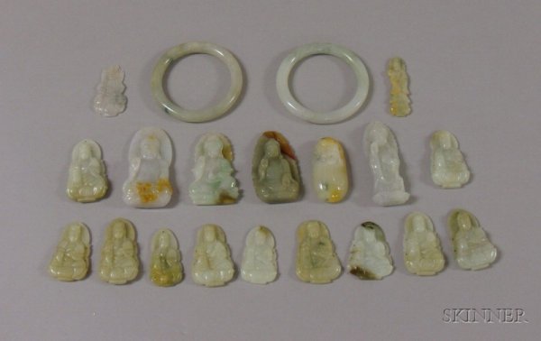 Nineteen Carved Jade Pendants and Other Items, of : Nineteen Carved Jade Pendants and Other Items, of various colors and shapes including pendants, two figures (one damaged), and two bangles, ht. of figures to 2 3/4 in.
