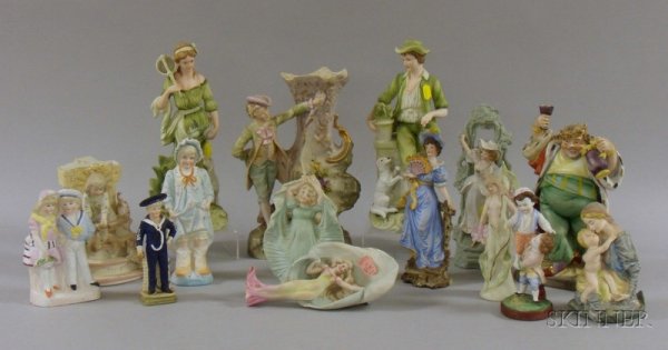 Fifteen Bisque Porcelain Figurines and Vases, incl: Fifteen Bisque Porcelain Figurines and Vases, including a jolly king, a set of two Andrea by Sadek Japanese country maiden and man, a tall vase with the figure of a man and a dog, ht. 11 in., etc.