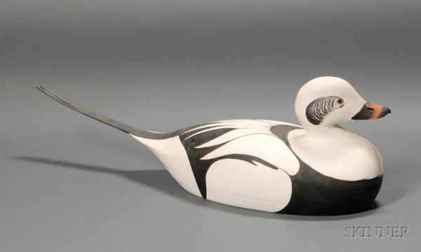Pintail Drake Duck Decoy, Martin D. Collins, East : Pintail Drake Duck Decoy, Martin D. Collins, East Wareham, Massachusetts, scratch-painted head with glass eyes, oval brand on underside, ht. 6 7/8, lg. 21 in.